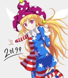 Rule 34 | + +, 1girl, absurdres, american flag dress, american flag legwear, arm up, blonde hair, blue dress, blue pants, blue sleeves, clownpiece, dress, fairy wings, grey background, hair between eyes, hands up, hat, highres, jester cap, jumping, long hair, long sleeves, looking at viewer, multicolored clothes, multicolored dress, multicolored pants, no shoes, pants, pantyhose, pink eyes, pink hat, red dress, red pants, red sleeves, shokabatsuki, simple background, smile, solo, star (symbol), star print, striped clothes, striped dress, striped pants, teeth, touhou, white dress, white pants, white sleeves, wings
