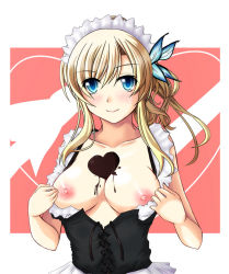 Rule 34 | 10s, 1girl, blonde hair, blue eyes, blush, boku wa tomodachi ga sukunai, breasts, breasts out, butterfly hair ornament, candy, chocolate, chocolate heart, chocolate on body, chocolate on breasts, corset, female focus, food, food on body, frills, hair ornament, heart, kashiwazaki sena, long hair, looking at viewer, maid headdress, nipples, open clothes, smile, solo, upper body, yumi (careca398)