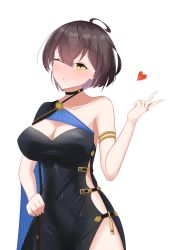 Rule 34 | 1girl, armlet, asymmetrical clothes, azur lane, baltimore (azur lane), baltimore (evening breeze minuet) (azur lane), bare shoulders, black choker, blue cape, blue cloak, blush, breasts, brown hair, cape, choker, cleavage, cloak, cocktail dress, dress, embarrassed, evening gown, heart, highres, huge filesize, kilneta, large breasts, looking at viewer, official alternate costume, one eye closed, short hair, side cape, side slit, sideless outfit, simple background, single-shoulder dress, single bare shoulder, solo, striped cape, taut clothes, taut dress, two-tone cape, white background, yellow eyes