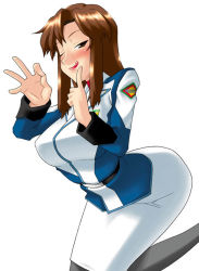 Rule 34 | 00s, 1girl, :p, ass, blush, breasts, brown eyes, brown hair, female focus, gundam, gundam seed, gundam seed destiny, murrue ramius, nishimo, one eye closed, pantyhose, sexually suggestive, simple background, solo, tongue, tongue out, uniform, wink