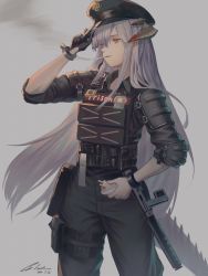 Rule 34 | 1girl, absurdres, arknights, baton (weapon), belt, belt pouch, black gloves, black pants, black shirt, bracer, cigarette, cigarette pack, collared shirt, commentary, cowboy shot, dated, dragon horns, dragon tail, elbow pads, gloves, grey background, hand up, highres, holding, holding cigarette pack, horns, id card, ioriwu8, long hair, looking away, official alternate costume, orange eyes, pants, bulletproof vest, pouch, saria (arknights), saria (the law) (arknights), shirt, shoulder pads, signature, silver hair, simple background, single glove, sleeves rolled up, smoke, smoking, solo, tail, thigh strap, very long hair, walkie-talkie, weapon