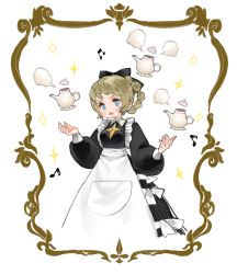 Rule 34 | 1girl, afk arena, apron, bad id, bad pixiv id, beamed eighth notes, black bow, black dress, blonde hair, blue eyes, bow, braid, dress, eighth note, hair bow, highres, kkaebing, long sleeves, maid, maid apron, musical note, no nose, no pupils, open mouth, rosaline (afk arena), solo, sparkle, teapot, white apron, white background