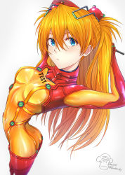 Rule 34 | 1girl, arms up, artist request, ass, blue eyes, bodysuit, breasts, evangelion: 2.0 you can (not) advance, gradient hair, hair between eyes, highres, long hair, looking at viewer, looking back, medium breasts, multicolored bodysuit, multicolored clothes, multicolored hair, neon genesis evangelion, orange hair, plugsuit, rebuild of evangelion, red bodysuit, see-through, see-through bodysuit, shiny clothes, shiny skin, solo, souryuu asuka langley, test plugsuit, twintails, very long hair, white background, wide hips