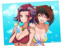 Rule 34 | 2girls, :d, bikini, border, breasts, brown eyes, brown hair, cleavage, closed mouth, collarbone, cup, drinking, drinking straw, flower, frilled bikini, frills, front-tie bikini top, front-tie top, hair flower, hair ornament, hairpin, hand on another&#039;s shoulder, holding, holding cup, izayoi aki, jewelry, mazaki anzu, medium breasts, medium hair, multiple girls, nail polish, open mouth, pendant, pink nails, purple flower, raijin-bh, red bikini, red hair, shiny skin, short hair with long locks, sidelocks, smile, swimsuit, white border, yellow bikini, yellow nails, yu-gi-oh!, yu-gi-oh! 5d&#039;s, yu-gi-oh! duel monsters