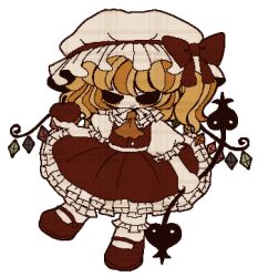 Rule 34 | 1girl, apple, ascot, blonde hair, bobby socks, closed mouth, flandre scarlet, food, frilled skirt, frilled sleeves, frills, fruit, full body, hat, hat ribbon, holding, holding food, holding fruit, holding polearm, holding weapon, laevatein (touhou), looking at viewer, lowres, mary janes, memorisleep, mob cap, multicolored wings, polearm, puffy short sleeves, puffy sleeves, red apple, red footwear, red ribbon, red skirt, red vest, ribbon, shirt, shoes, short sleeves, skirt, skirt set, socks, solid circle eyes, solo, touhou, transparent background, vest, weapon, white hat, white shirt, white socks, wings, yellow ascot