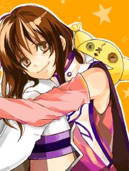 Rule 34 | 00s, 1girl, aged up, anise tatlin, brown eyes, brown hair, doll, hair down, long hair, orange background, smile, solo, tales of (series), tales of the abyss, tokunaga (tales)