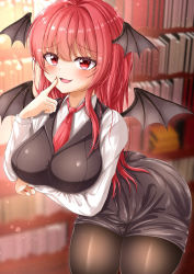 Rule 34 | 1girl, :d, arm under breasts, ass, bat wings, bent over, black pantyhose, black skirt, black vest, blurry, blurry background, blush, breasts, buttons, cowboy shot, fang, fine fabric emphasis, finger to mouth, hair between eyes, hand up, head wings, highres, indoors, koakuma, large breasts, light particles, long hair, looking at viewer, nail polish, necktie, open mouth, pantyhose, red eyes, red hair, red nails, red necktie, reijing etrn, shirt, sidelocks, skirt, smile, solo, thighs, touhou, very long hair, vest, white shirt, wing collar, wings