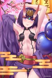 Rule 34 | 1girl, armpits, arms behind head, arms up, blush, bob cut, breasts, cherry blossoms, closed mouth, egasumi, eyeliner, fate/grand order, fate (series), gourd, headpiece, highres, horns, japanese clothes, kimono, lantern, long sleeves, looking at viewer, makeup, navel, obi, oni, open clothes, open kimono, paper lantern, purple eyes, purple hair, purple kimono, revealing clothes, sash, seraphim throne, short eyebrows, short hair, shuten douji (fate), skin-covered horns, smile, thighs, wide sleeves