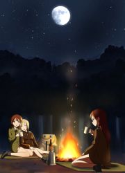 Rule 34 | 3girls, backpack, bag, blanket, blonde hair, blush, bottle, brown eyes, brown hair, campfire, camping, cup, dark, erica hartmann, fire, gertrud barkhorn, head on another&#039;s shoulder, highres, holding, kaneko (novram58), kettle, long hair, mess kit, minna-dietlinde wilcke, moon, multiple girls, neck ribbon, night, night sky, open mouth, red hair, ribbon, short hair, sitting, sky, sleeping, sleeping on person, sleeping upright, smile, star (sky), starry sky, strike witches, tree, twintails, uniform, wariza, wine bottle, world witches series