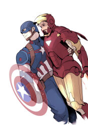 Rule 34 | 2boys, arc reactor, armor, avengers (series), belt, blue bodysuit, blue eyes, bodysuit, brown belt, brown eyes, brown gloves, brown hair, captain america, clenched hand, closed mouth, facial hair, fingerless gloves, flying, full armor, gloves, hand around waist, helmet, highres, holding, holding shield, iron man, looking to the side, male focus, marvel, multicolored armor, multiple boys, pocket, power armor, red armor, rv0fya, shield, short hair, simple background, smile, star (symbol), steve rogers, striped, superhero costume, tony stark, white background, yaoi, yellow armor