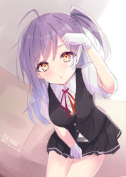 Rule 34 | 1girl, absurdres, ahoge, black skirt, black vest, blouse, brown eyes, gloves, hagikaze (kancolle), highres, hizaka, kantai collection, long hair, looking at viewer, neck ribbon, one-hour drawing challenge, one side up, pleated skirt, purple hair, red ribbon, ribbon, school uniform, shirt, signature, sitting, skirt, solo, twitter username, vest, white gloves, white shirt