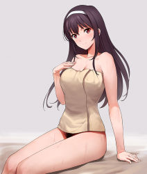 Rule 34 | 1girl, a1 (initial-g), black hair, breasts, cleavage, closed mouth, female pubic hair, grey background, hair between eyes, hairband, hand on own chest, hand up, kasumigaoka utaha, large breasts, long hair, looking at viewer, naked towel, pubic hair, red eyes, saenai heroine no sodatekata, simple background, sitting, smile, solo, thighs, towel, wet, white hairband, yellow towel