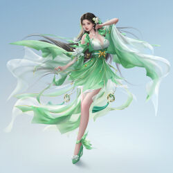 Rule 34 | 1girl, absurdres, arm up, artist request, baiguio (zhu xian), bare legs, beads, blue background, brown hair, detached sleeves, facial mark, flower, forehead mark, full body, green footwear, green jacket, hair flower, hair ornament, highres, jacket, jewelry, long hair, necklace, parted lips, sash, second-party source, teeth, zhu xian