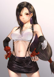 Rule 34 | 1girl, absurdres, amanesan, belt, black belt, black hair, black skirt, breasts, collarbone, cowboy shot, earrings, elbow gloves, elbow pads, final fantasy, final fantasy vii, fingerless gloves, gloves, gradient background, grey background, hands on own hips, highres, jewelry, long hair, low-tied long hair, medium breasts, midriff, miniskirt, navel, red eyes, shirt, simple background, skirt, smile, solo, suspender skirt, suspenders, tank top, taut clothes, taut shirt, tifa lockhart, white background
