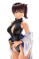 Rule 34 | 1girl, black one-piece swimsuit, blue kimono, breasts, brown eyes, brown gloves, brown hair, cleavage, closed mouth, expressionless, fingers together, front zipper swimsuit, gloves, japanese clothes, kaga (kancolle), kantai collection, kimono, large breasts, looking at viewer, medium hair, meme attire, off shoulder, one-piece swimsuit, shiny clothes, side ponytail, simple background, single glove, solo, standing, swimsuit, swimsuit under clothes, upper body, wa (genryusui), white background, white kimono