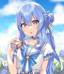 Rule 34 | 1girl, absurdres, apple juice, belt, blue belt, blue eyes, blue ribbon, blue sky, blurry, blurry background, breasts, cloud, cloudy sky, collarbone, day, earrings, eyelashes, flower, frilled sleeves, frills, hair between eyes, hair ribbon, hand up, head tilt, highres, holding, hololive, hoshimachi suisei, hoshimachi suisei (school uniform), jewelry, juice, juice box, lens flare, long hair, looking at viewer, one side up, open mouth, ribbon, shirt, short sleeves, sidelocks, sky, small breasts, solo, star (symbol), star in eye, symbol in eye, upper body, valefal coneri, virtual youtuber, white ribbon, white shirt