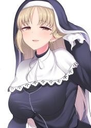 Rule 34 | 1girl, black dress, blonde hair, blush, breasts, brown eyes, capelet, commentary, dress, earrings, habit, half-closed eyes, hand in own hair, highres, jewelry, large breasts, lips, long hair, long sleeves, looking at viewer, nijisanji, nun, open mouth, parted bangs, simple background, sister claire, sister claire (1st costume), smile, solo, straight hair, suzutarou gunsou, traditional nun, upper body, virtual youtuber, white background, white capelet, zipper