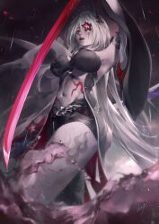Rule 34 | 1girl, absurdres, acheron (honkai: star rail), armpits, belt, black belt, black shorts, blood, bloody tears, breasts, commentary, english commentary, flower, highres, holding, holding sword, holding weapon, honkai: star rail, honkai (series), kagi (dicedkey), katana, leg tattoo, navel, official alternate color, parted lips, rain, red eyes, red flower, red lips, shorts, sword, tattoo, thighs, weapon, white hair, wide sleeves