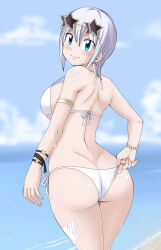 Rule 34 | 1girl, absurdres, ass, back, bare shoulders, beach, blue eyes, blush, breasts, butt crack, dmayaichi, earrings, fairy tail, glasses, highres, jewelry, large breasts, lisanna strauss, short hair, tagme, white hair