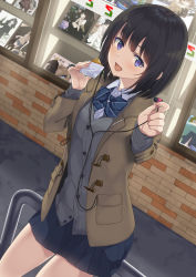 Rule 34 | 1girl, :d, black hair, blue skirt, bow, bowtie, brown coat, buttons, cardigan, coat, collared shirt, commentary request, cowboy shot, duffel coat, earphones, grey cardigan, highres, holding, long sleeves, looking at viewer, miniskirt, open clothes, open coat, open mouth, original, photo (object), pleated skirt, purple eyes, school uniform, shirt, short hair, skirt, smile, solo, unasaka ryou, undershirt, white shirt