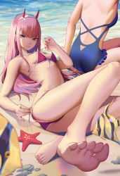 Rule 34 | 2girls, absurdres, animal, barefoot, beach, bikini, bikini pull, blue one-piece swimsuit, blush, clothes pull, darling in the franxx, feet, fingernails, fish, foot focus, foreshortening, frilled swimsuit, frills, green eyes, highres, horns, huge filesize, long hair, multiple girls, nail polish, ocean, one-piece swimsuit, oni horns, outdoors, parted lips, pink bikini, pink hair, pink lips, pink nails, rock, sand, side-tie bikini bottom, sitting, smile, soles, starfish, string bikini, swimsuit, toenail polish, toenails, toes, water, xingchee, zero two (darling in the franxx)