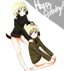 Rule 34 | 2girls, bad id, bad pixiv id, barefoot, black hair, blonde hair, blue eyes, blush, dakian, erica hartmann, glasses, happy birthday, kneeling, long sleeves, military, military uniform, multicolored hair, multiple girls, short hair, siblings, sisters, smile, strike witches, strike witches: suomus misfits squadron, tail, twins, two-tone hair, uniform, ursula hartmann, world witches series