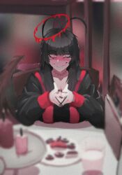 Rule 34 | 1girl, antenna hair, black hair, blue archive, blurry, blurry foreground, blush, breasts, dessert, flustered, food, halo, highres, jacket, large breasts, long hair, long sleeves, looking at viewer, maxel, nervous smile, pov, red eyes, restaurant, sitting, smile, solo, sweat, tsurugi (blue archive), wings