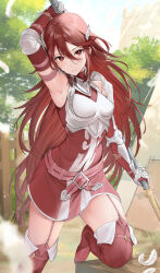 Rule 34 | 1girl, arm up, armor, armpits, boots, breastplate, breasts, commission, cordelia (fire emblem), elbow gloves, feathers, fire emblem, fire emblem awakening, garter straps, gauntlets, gloves, hair between eyes, haru (nakajou-28), highres, holding, holding polearm, holding weapon, long hair, looking at viewer, nintendo, pixiv commission, polearm, red eyes, red footwear, red gloves, red hair, shoulder armor, small breasts, smile, solo, thigh boots, very long hair, weapon, wing hair ornament