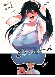 Rule 34 | 1boy, 2girls, absurdres, anya (spy x family), apron, armpits, artist name, black hair, blonde hair, blush, breasts, cleavage, collarbone, comic, earrings, embarrassed, english text, hair between eyes, hairband, hanging breasts, happy, highres, huge breasts, jewelry, kurenaiz (kuayrenaiz), large breasts, long hair, looking at breasts, looking at viewer, motion lines, multiple girls, naked apron, no bra, open mouth, pink hair, red eyes, shiny skin, sidelocks, smile, sound effects, spy x family, sweat, twilight (spy x family), twitter username, yor briar