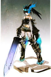 Rule 34 | 10s, 1girl, alternate costume, alternate hairstyle, black hair, black rock shooter, black rock shooter (character), black rock shooter beast, blue eyes, boots, crown, detached sleeves, flat chest, glowing, glowing eye, highres, huge weapon, knee boots, long hair, pale skin, ponytail, so-bin, solo, spaghetti strap, sword, tank top, thighhighs, weapon, white thighhighs