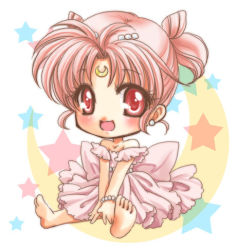 Rule 34 | 1990s (style), 1girl, aged down, baby, bare shoulders, barefoot, bishoujo senshi sailor moon, blush, bracelet, chibi usa, child, cone hair bun, crescent, crescent facial mark, double bun, dress, facial mark, forehead mark, full body, hair bun, hair ornament, hairpin, jewelry, lowres, no nose, pink dress, pink hair, retro artstyle, shirataki kaiseki, short hair, short twintails, sitting, small lady serenity, solo, star (symbol), twintails, v arms