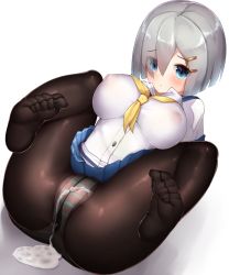 Rule 34 | 10s, 1girl, black pantyhose, blue eyes, blue skirt, blush, boruhis, breasts, covered erect nipples, eyebrows, eyes visible through hair, feet, grey hair, hair between eyes, hair ornament, hairclip, hamakaze (kancolle), hands on own chest, kantai collection, large breasts, lying, neckerchief, no shoes, on back, panties, panties under pantyhose, pantyhose, pleated skirt, school uniform, serafuku, sexually suggestive, shadow, short hair, simple background, skirt, soles, solo, spread legs, striped clothes, striped panties, suggestive fluid, toe scrunch, toes, underwear, white background, yellow neckerchief