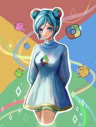 Rule 34 | 1girl, arms behind back, blue hair, cookie run, cookiedroid, double bun, dress, hair bun, highres, kama (kama ovo), looking at viewer, personification, short hair, smile, solo, standing, white dress