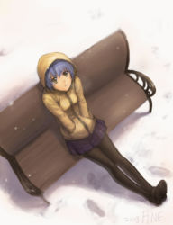 Rule 34 | 1girl, bench, blue hair, coat, cold, commentary, female focus, from above, full body, hands in pockets, jayun, looking up, outdoors, pantyhose, short hair, sitting, skirt, snow, solo, yellow eyes