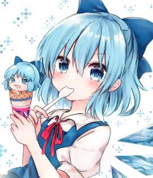 Rule 34 | 1girl, bad id, bad twitter id, blue bow, blue dress, blue eyes, blue hair, blush, bow, bowtie, cirno, closed mouth, dress, eating, food, hair between eyes, hands up, highres, ice, ice cream, ice wings, kokoshira 0510, looking at viewer, open mouth, puffy short sleeves, puffy sleeves, red bow, red bowtie, shirt, short hair, short sleeves, snowflakes, solo, spoon, touhou, white background, white shirt, wings, yukkuri shiteitte ne