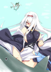 Rule 34 | 1girl, aircraft, airplane, azur lane, breasts, colorado (azur lane), commentary request, hair intakes, hair over one eye, hairband, highres, large breasts, punching, red eyes, red hairband, sangue llia, shaded face, shark, sideboob, white hair