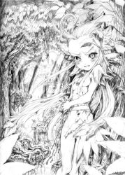 Rule 34 | against tree, ahoge, angry, atlus, bandages, bleeding, blood, blush, flat chest, forest, greyscale, injury, jewelry, katzeh, kupala (sekaiju), long hair, monochrome, nature, necklace, nude, etrian odyssey, sunlight, tears, torn clothes, tree