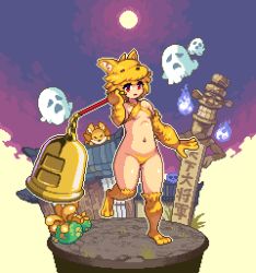 Rule 34 | 1girl, animal hands, bell, blonde hair, bra, breasts, commentary request, commission, fox hat, full body, ghost, greatest general (ragnarok online), halterneck, hitodama, holding, holding staff, horong (ragnarok online), hydra, hydra (ragnarok online), kitsune, looking at viewer, moonlight flower, navel, nine tail (ragnarok online), no panties, open mouth, pixel art, ragnarok online, red eyes, short hair, skeb commission, skull, small breasts, staff, totem, underwear, whisper (ragnarok online), yellow bra, yumura kino