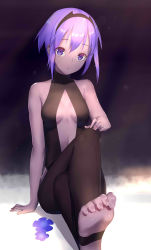 Rule 34 | 1girl, absurdres, bare shoulders, barefoot, breasts, center opening, closed mouth, crossed legs, dark-skinned female, dark skin, fate/grand order, fate/prototype, fate/prototype: fragments of blue and silver, fate (series), feet, flower, full body, hairband, hassan of serenity (fate), highres, looking at viewer, medium breasts, no shoes, purple eyes, purple hair, short hair, sitting, soles, solo, stirrup legwear, toe scrunch, toeless legwear, toes, virtu.al