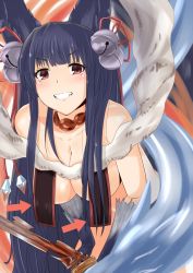 Rule 34 | 10s, 1girl, animal ears, arrow (symbol), bare shoulders, bell, blue hair, breasts, cleavage, erune, fox ears, gachou, granblue fantasy, grin, large breasts, long hair, looking at viewer, red eyes, smile, solo, yuel (granblue fantasy)