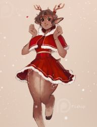 Rule 34 | 1girl, :q, absurdres, animal ears, animal feet, animal nose, antlers, artist name, bracelet, brown eyes, brown hair, capelet, commentary, dark-skinned female, dark skin, deer antlers, deer ears, deer girl, deer tail, dress, english commentary, frilled dress, frills, fur-trimmed capelet, fur-trimmed dress, fur trim, furry, furry female, hand up, heart, highres, hood, hood down, hooded capelet, hooves, horns, jewelry, matilda fiship, original, pleated dress, red capelet, red dress, santa costume, satyr, short dress, short hair, simple background, solo, tail, tongue, tongue out, watermark