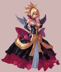Rule 34 | 1girl, bare shoulders, bat wings, blonde hair, blush, bow, breasts, brooch, cleavage, demon girl, detached sleeves, disgaea, dress, earrings, eu03, female focus, gem, hair ornament, hand on own hip, jewelry, large breasts, long dress, looking at viewer, makai senki disgaea 2, pointy ears, red eyes, rozalin, simple background, solo, strapless, strapless dress, wings, yellow bow