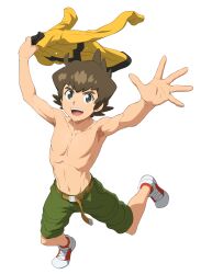 Rule 34 | 1boy, absurdres, action, bosnoheya, brown hair, danball senki w, green eyes, green shorts, highres, long sleeve shirt, long sleeves, looking at viewer, male focus, no nipples, open mouth, shirt, shoes, shorts, simple background, smile, sneakers, solo, topless, topless male, white background, yamano ban, yellow shirt
