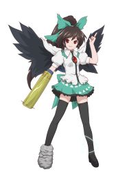 Rule 34 | 1girl, arm cannon, asymmetrical footwear, black hair, black thighhighs, bow, dress, frills, full body, green dress, green skirt, hair bow, highres, long hair, mismatched footwear, mystical power plant, ponytail, red eyes, reiuji utsuho, shoes, skirt, smile, solo, teitoku, thighhighs, third eye, touhou, transparent background, weapon, white background, wings