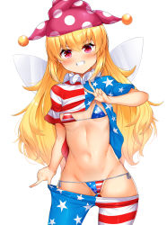 Rule 34 | 1girl, american flag bikini, american flag legwear, bikini, blonde hair, breasts, clothes lift, clownpiece, daichi (tokoya), fairy wings, flag print, gluteal fold, hat, highres, jester cap, lifted by self, long hair, looking at viewer, micro bikini, navel, neck ruff, pantyhose, pink eyes, pink hat, shirt lift, short sleeves, side-tie bikini bottom, simple background, small breasts, smile, solo, star (symbol), star print, stomach, striped, swimsuit, touhou, white background, wings