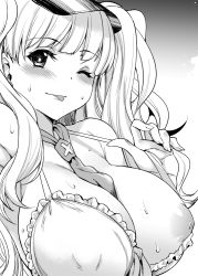 Rule 34 | 1girl, between breasts, blush, bra, breasts, granblue fantasy, greyscale, hat, large breasts, long hair, looking at viewer, military hat, monika weisswind, monochrome, mushi024, necktie, necktie between breasts, nipples, one breast out, one eye closed, solo, sweat, tongue, tongue out, twintails, underwear, upper body, wink