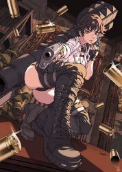 Rule 34 | 1girl, ass, black footwear, boots, brown hair, devil may cry (series), devil may cry 5, dual wielding, from below, gun, handgun, heterochromia, highres, holding, holster, ireading, lady (devil may cry), shell casing, shirt, short hair, solo, thigh holster, weapon, weapon request, white shirt