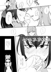 Rule 34 | 2girls, after kiss, blush, comic, commentary request, elbow gloves, face-to-face, fate/grand order, fate (series), gloves, greyscale, hair between eyes, hair ribbon, hand on another&#039;s chin, licking lips, long hair, looking at another, medb (fate), meme, meshiko, monochrome, multiple girls, ribbon, scathach (fate), scathach skadi (fate), sketch, sweat, tiara, tongue, tongue out, translation request, trembling, upper body, wide-eyed, yuri