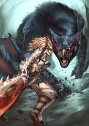 Rule 34 | 1boy, armor, barioth (armor), battle, capcom, claws, highres, male focus, monster, monster hunter (series), nargacuga, open mouth, pp90909, red eyes, sword, teeth, weapon, white hair