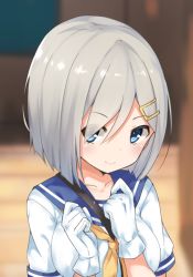 Rule 34 | 10s, 1girl, 53c, blue eyes, breasts, eyes visible through hair, gloves, hair ornament, hair over one eye, hairclip, hamakaze (kancolle), kantai collection, large breasts, looking at viewer, neckerchief, ray-en, school uniform, serafuku, short hair, short sleeves, silver hair, smile, solo, upper body, white gloves, yellow neckerchief